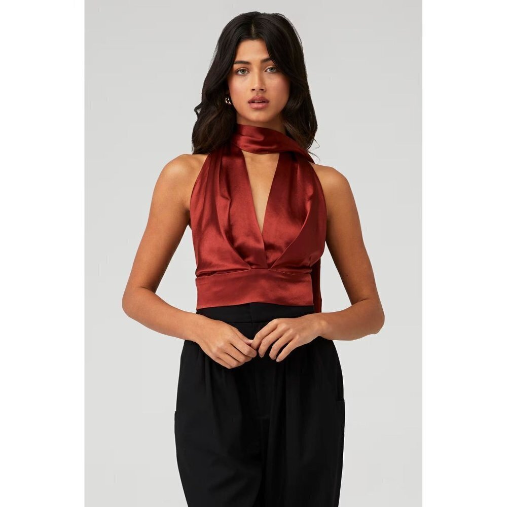 NONchalant Label Tara Silk Plunge Top Rust Womens Size XL